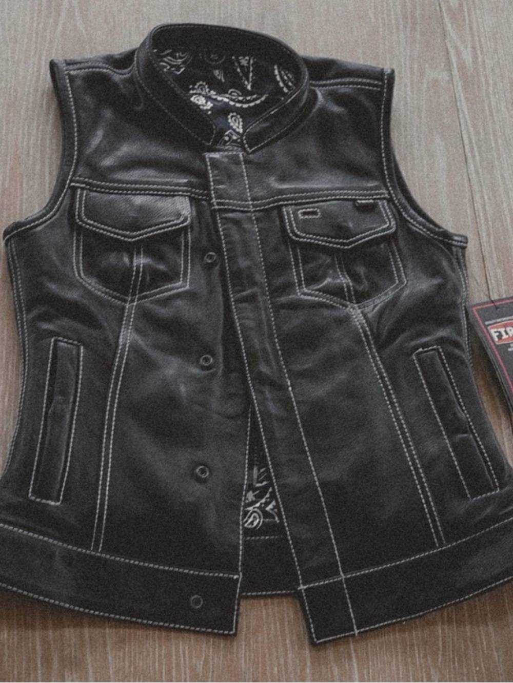 First MFG Black Leather Vest with Contrasting Stitching
